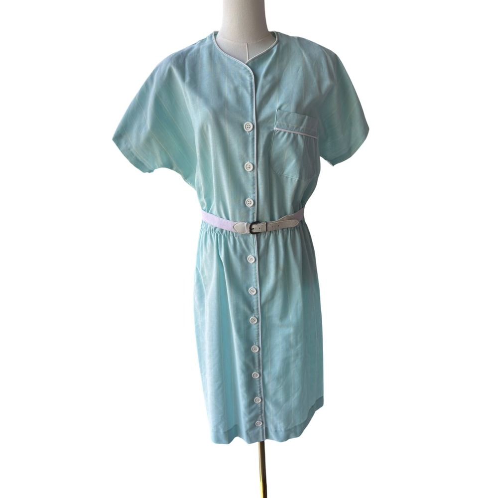 Retro Cottagecore Shirt Dress Women's 16 Aqua Blue Button Front Belted Midi USA